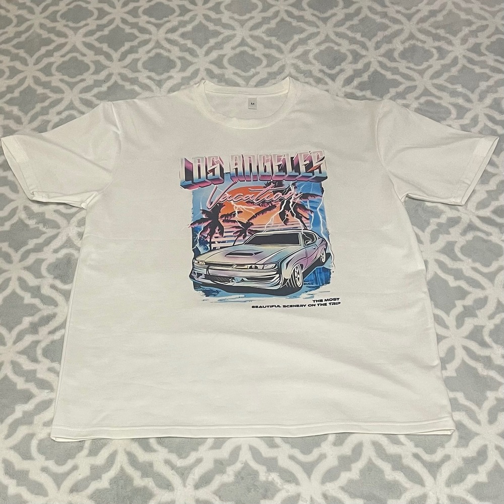 Los Angeles Vacation Graphic T-Shirt White Retro Car‎ Palm Trees Mens